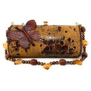 Kelly Kathleen Designer Framed Tan Handbag Beaded Strap Leather Butterfly